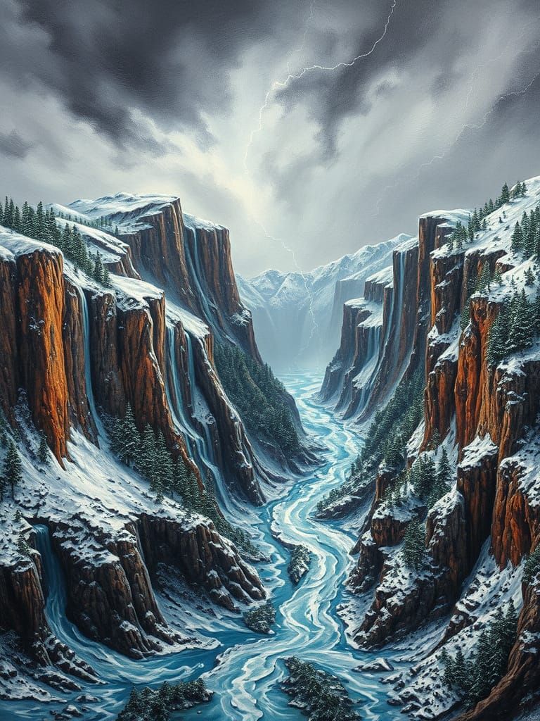 Molten Acrylic Landscape with Snow and Lightning