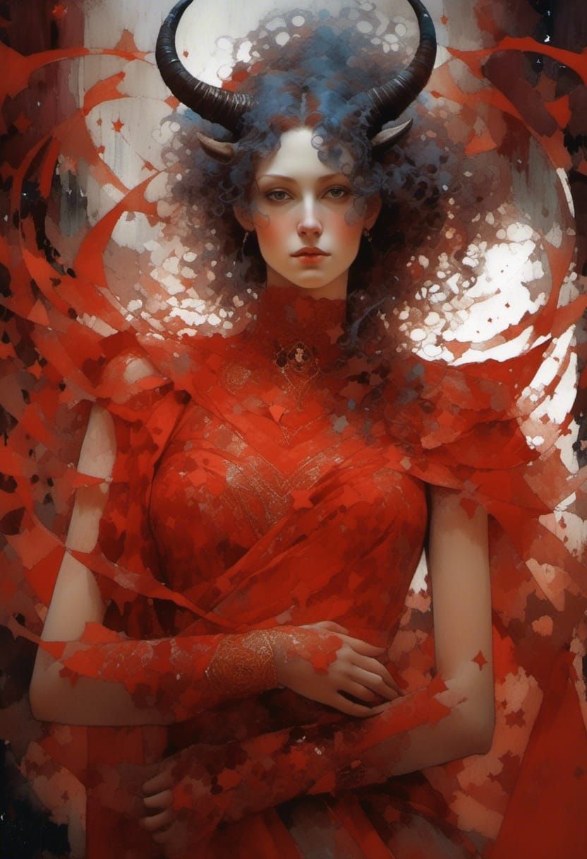 Red-Headed Horned Goddess in Pre-Raphaelite Style