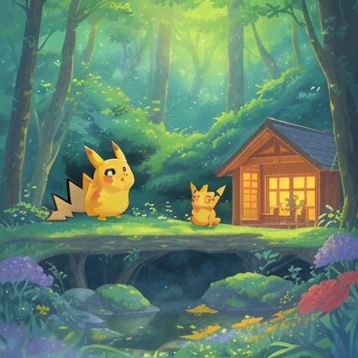 Pikachu and Charizard in Ghibli-Style Forest