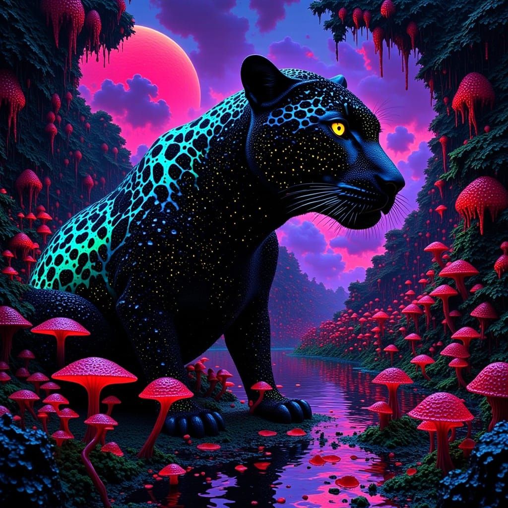 Iridescent Jaguar in Cyberpunk Neon Jungle