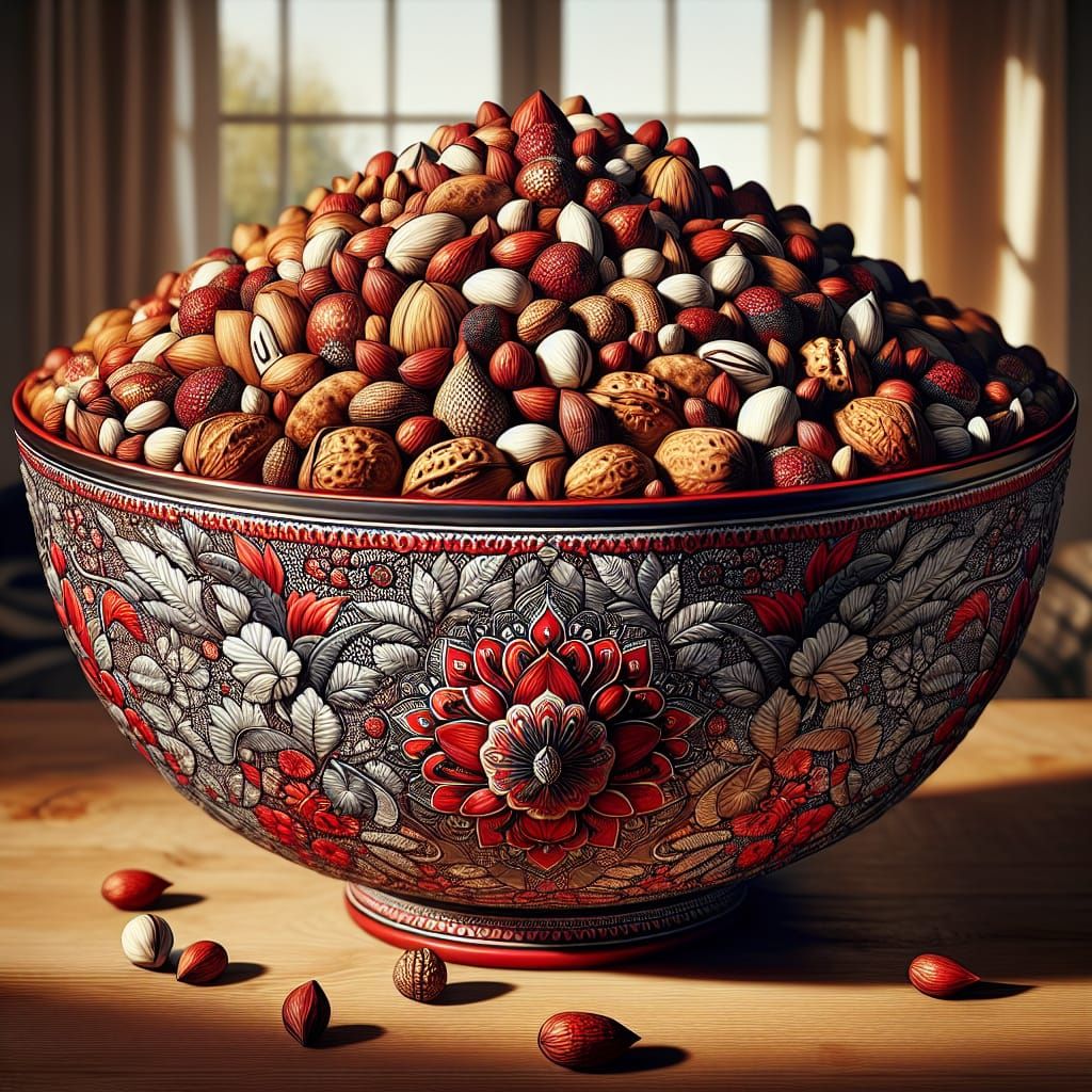 Hyperrealistic Dish of Mixed Nuts on Kitchen Table