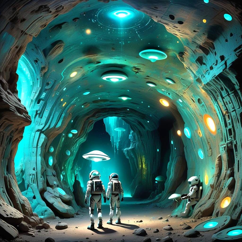 Futuristic Cave Painting with Luminous Hieroglyphs