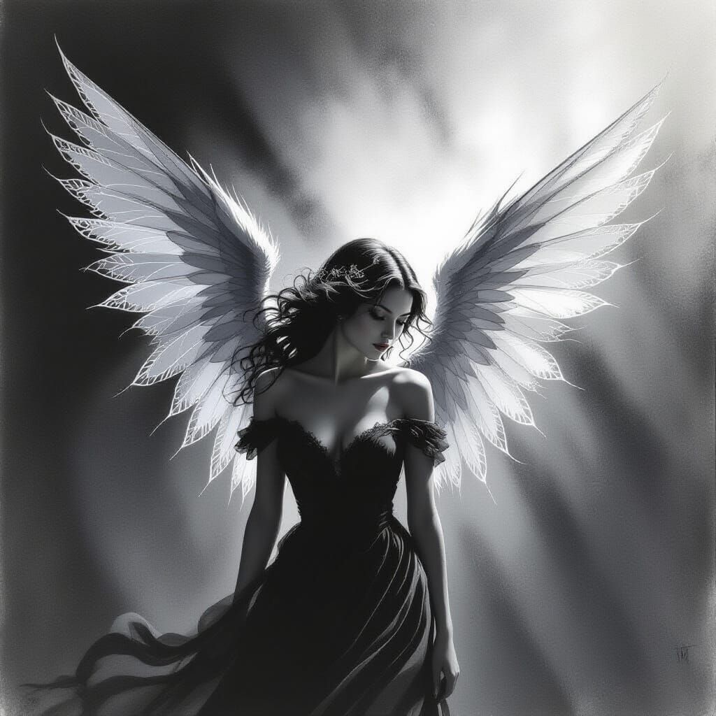 Angel with Lace Wings in Expressive Charcoal Style