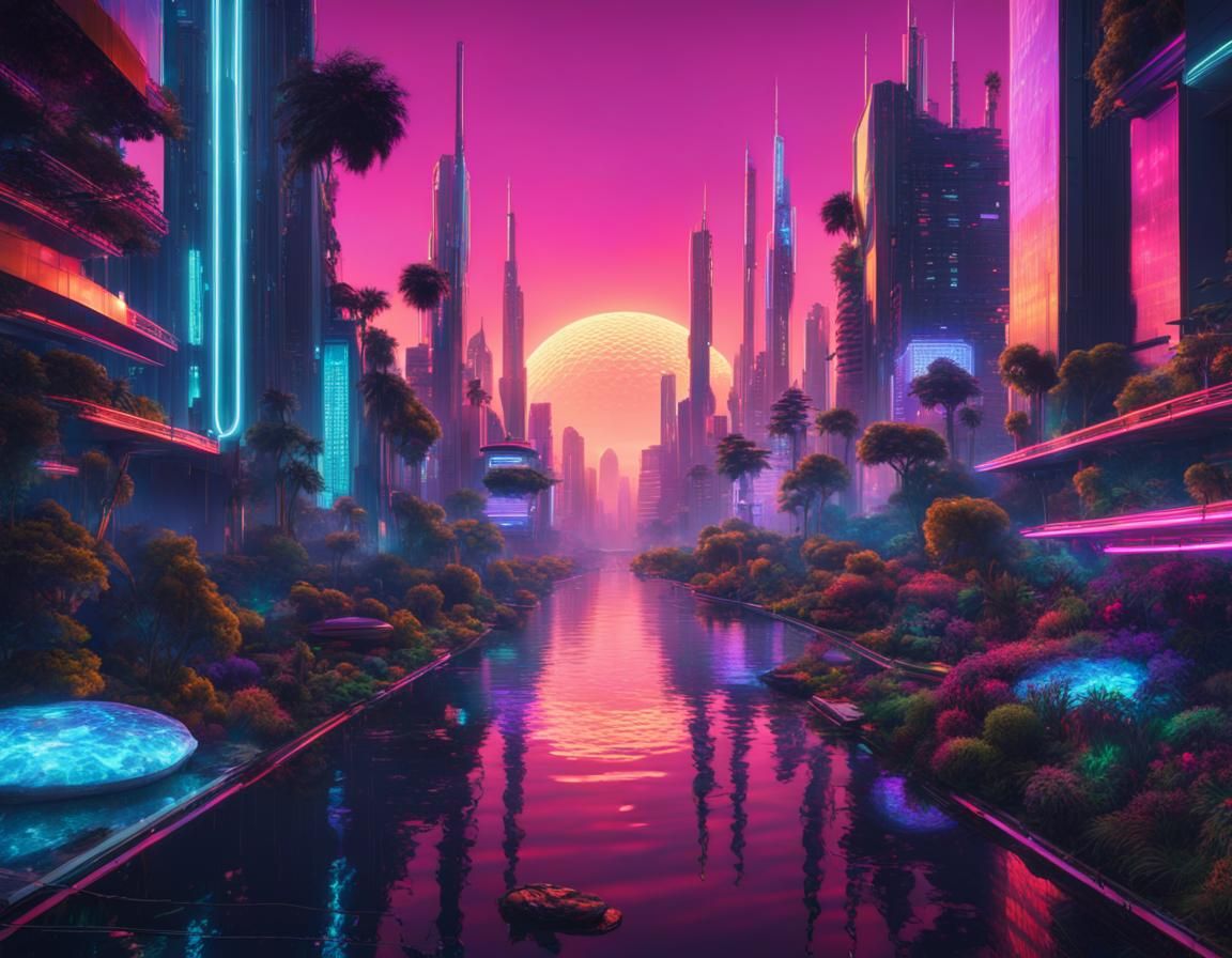Utopian Floating Cities in Neon Futuristic Style