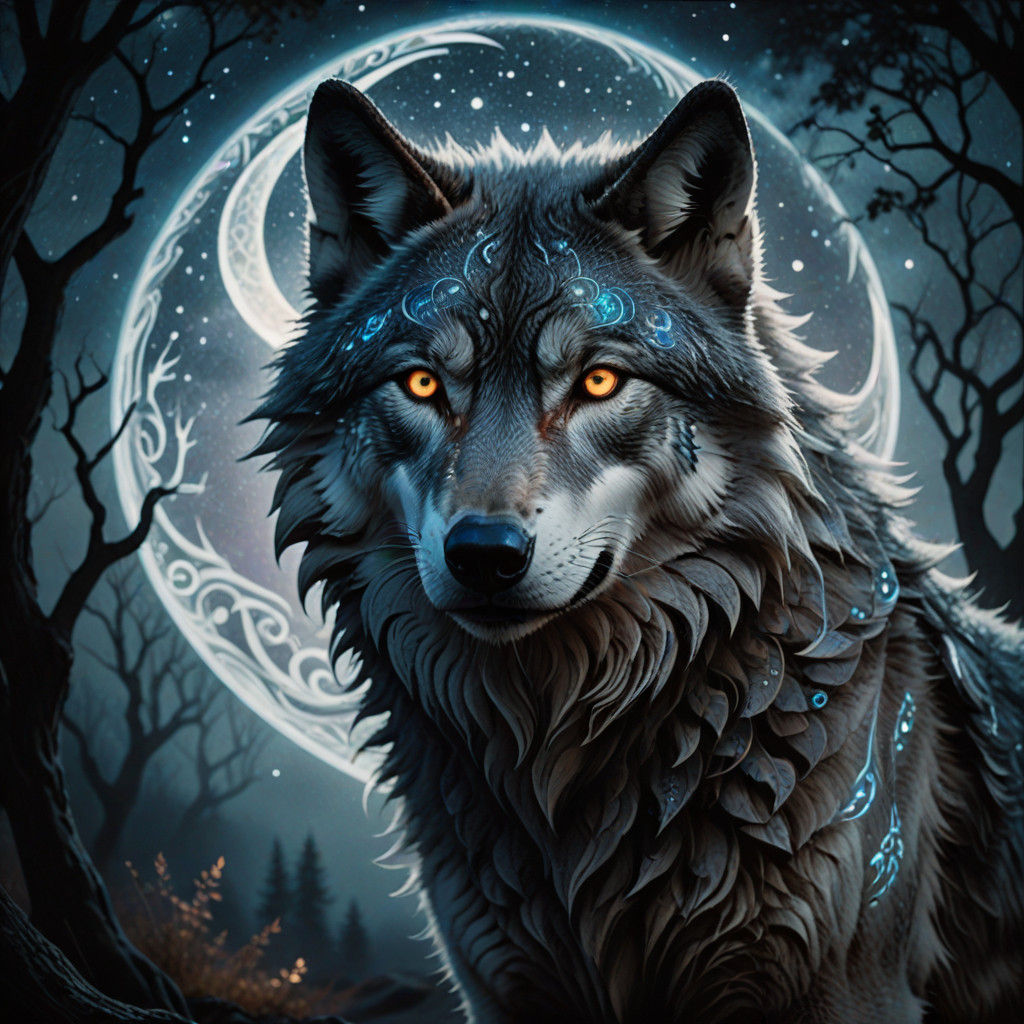 Mystical Wolf with Celestial Fur and Glowing Eyes in Cinemat...