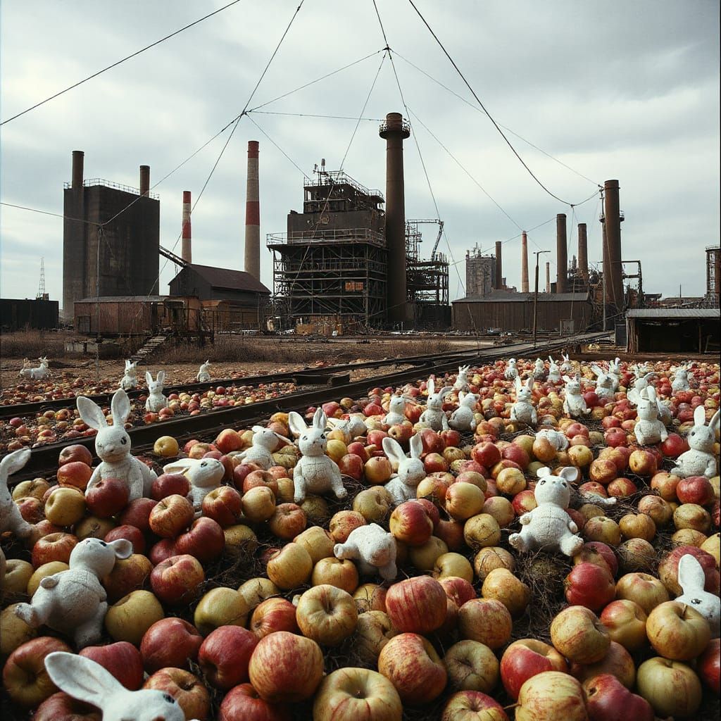 Surreal Robotic Apples in Industrial Wasteland