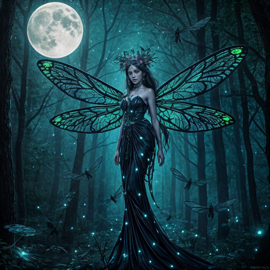 Moonlit Dragonfly Dryad in Forest Clearing