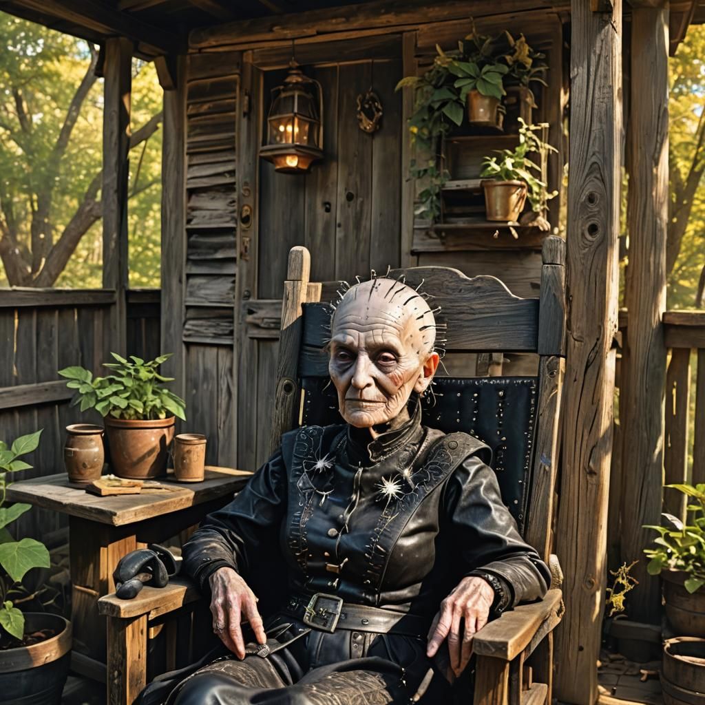 A captivating chibi 3D render of an adorable wrinkled, oversized eyes, little old female Pinhead from the Movie Hellrais...