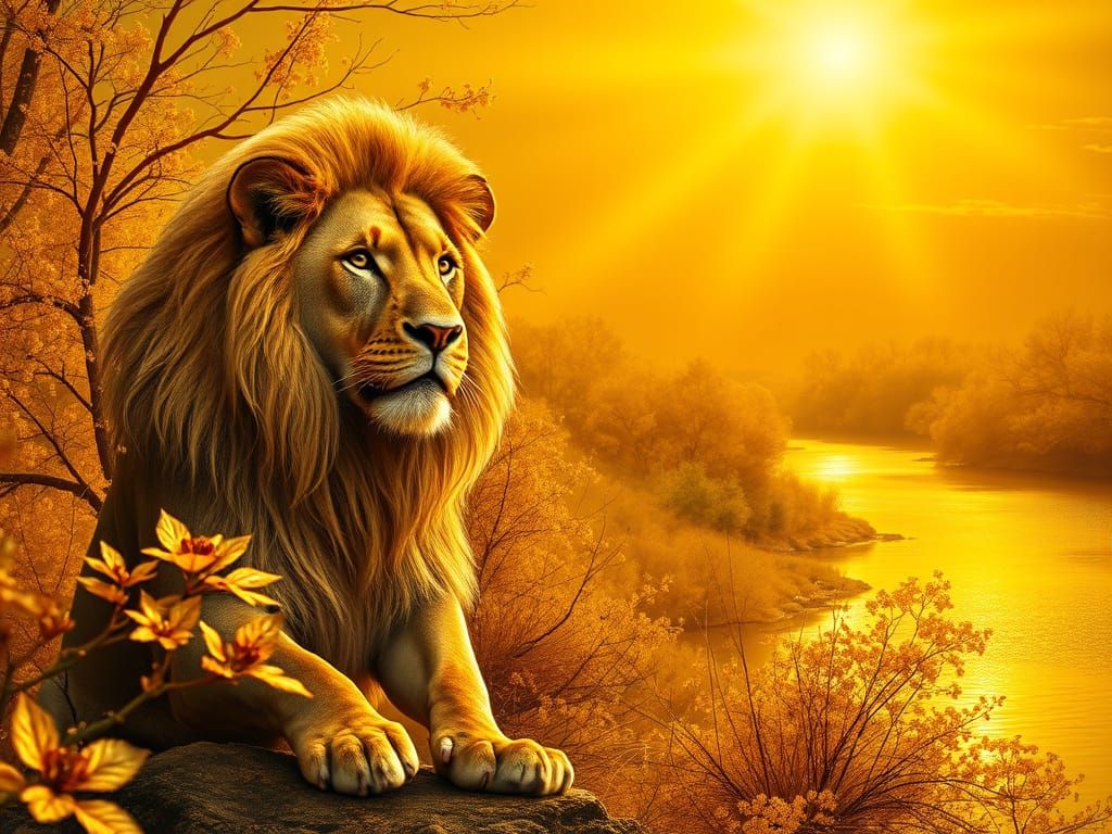 Majestic Golden Lion in Ethereal Landscape