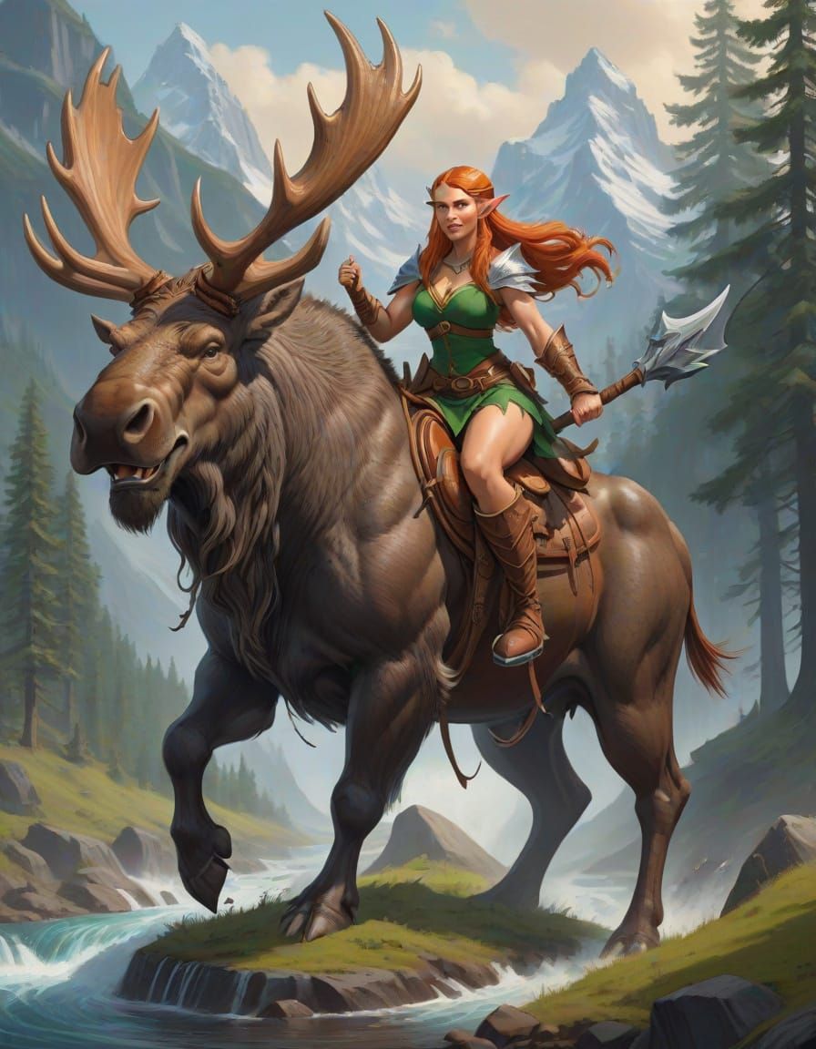 Elf Warrior Riding Moose in Fantasy Style