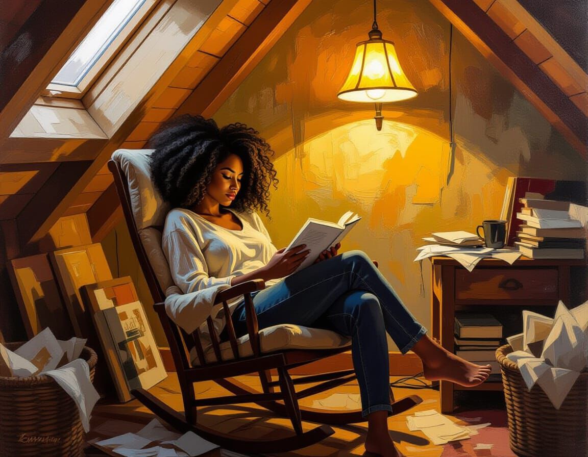 Dreamy Reading Nook in Impasto Oil Painting Style