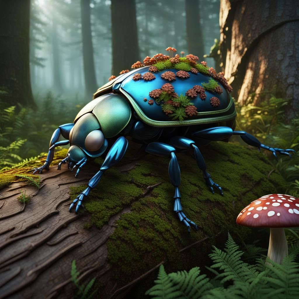 Ornate Beetle Crawling on Forest Tree Trunk