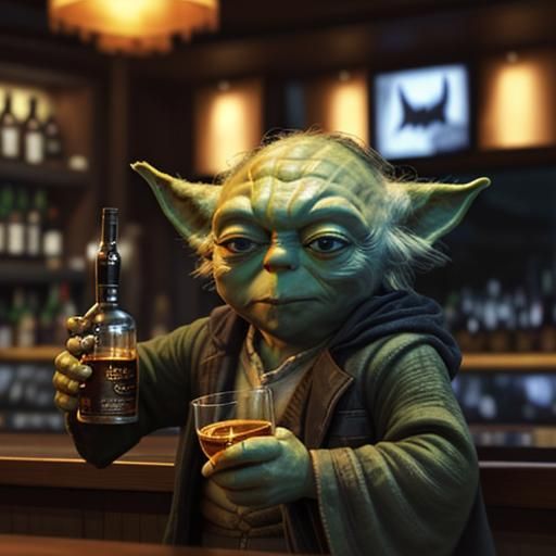 Yoda and Batman: Whisky Night in a Bar