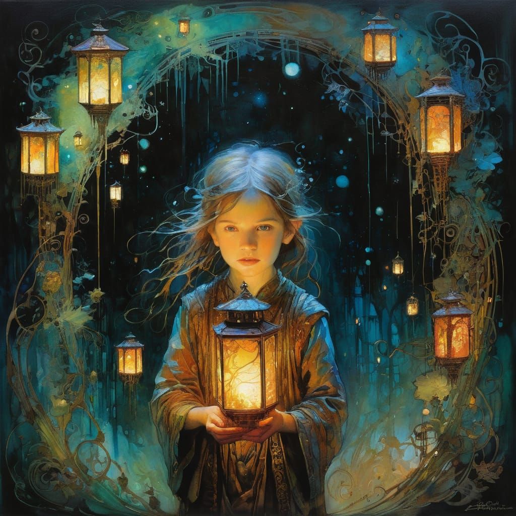 Magical Lantern Illuminates Child in Entangled Scene