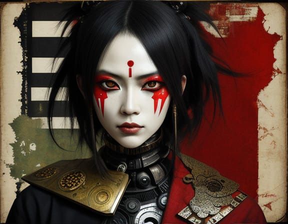 Brooke Shaden, gege akutami. Portrait. kabuki, craquelure, robot, patina, decoupage, Afrofuturism, mixed media collage, ...