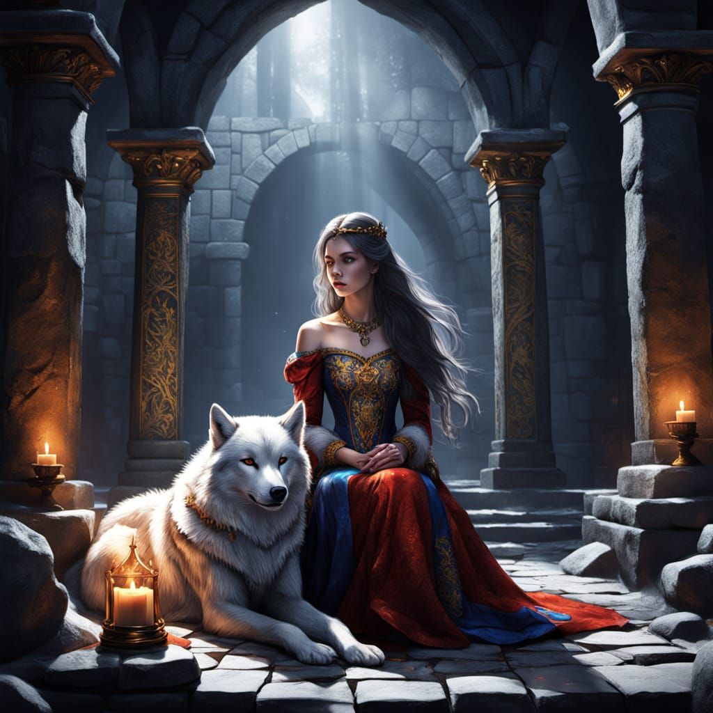 Dark Fantasy Princess in Dungeon, Beside a Majestic Wolf