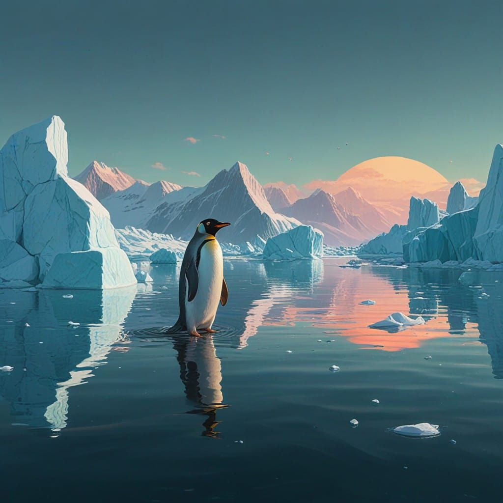 Penguin Surfaces Amidst Glittering Icebergs