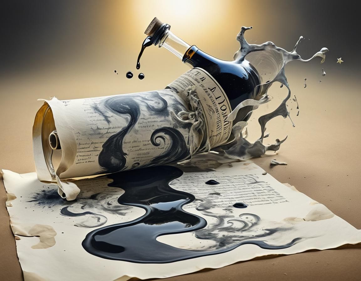 Surreal Ink Wash Painting: Celestial Spill on Vintage Scroll