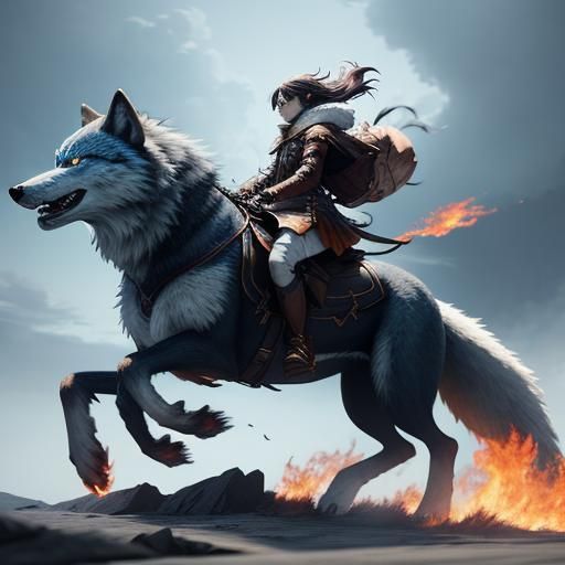 Anime Girl Rides Fire Wolves: 3D Anime Art