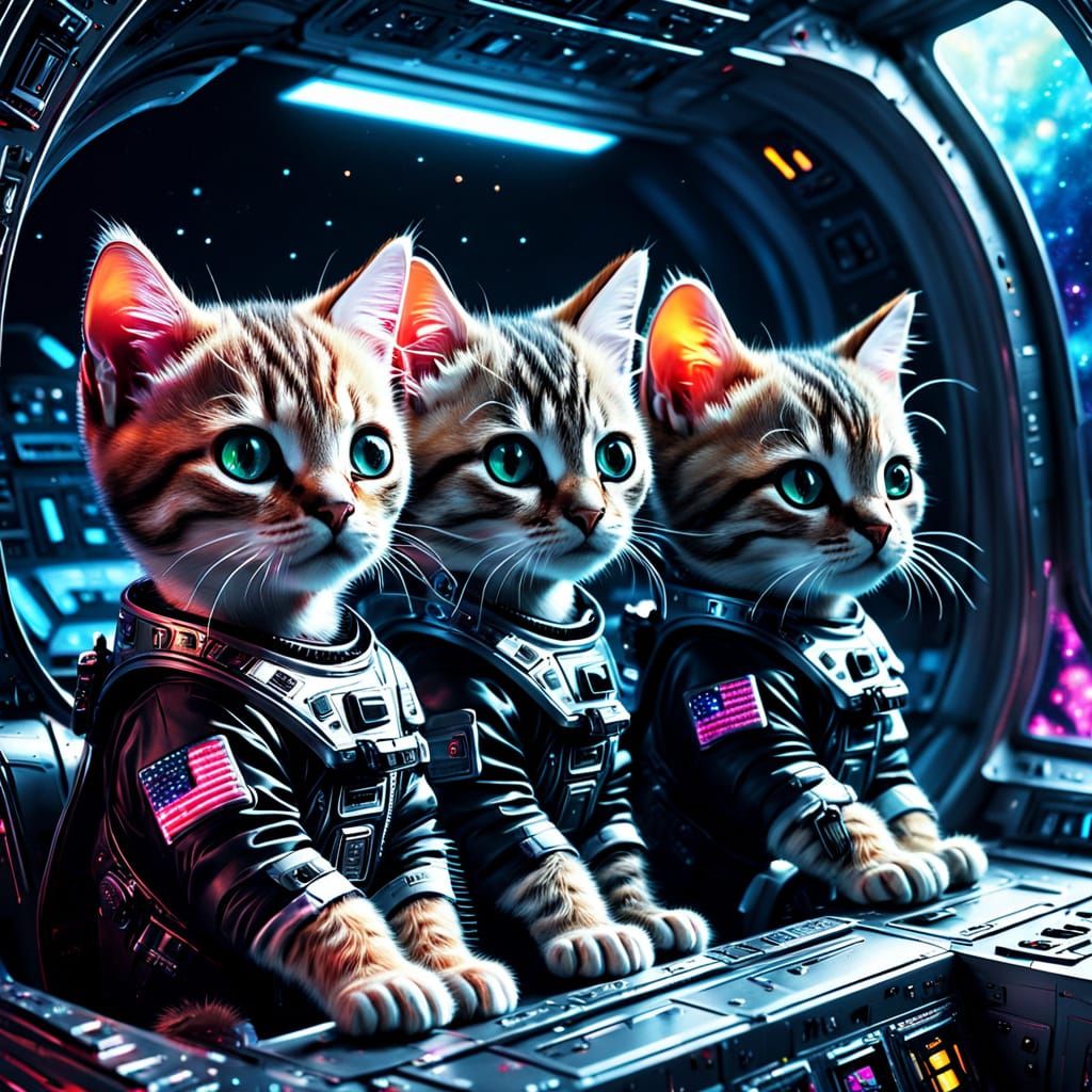 Cyberpunk Kitten Astronauts in Photorealistic 16k Spacecraft