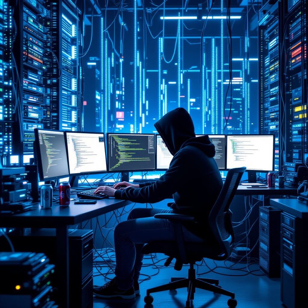 Cyberpunk Hacker in Dark Tech Room
