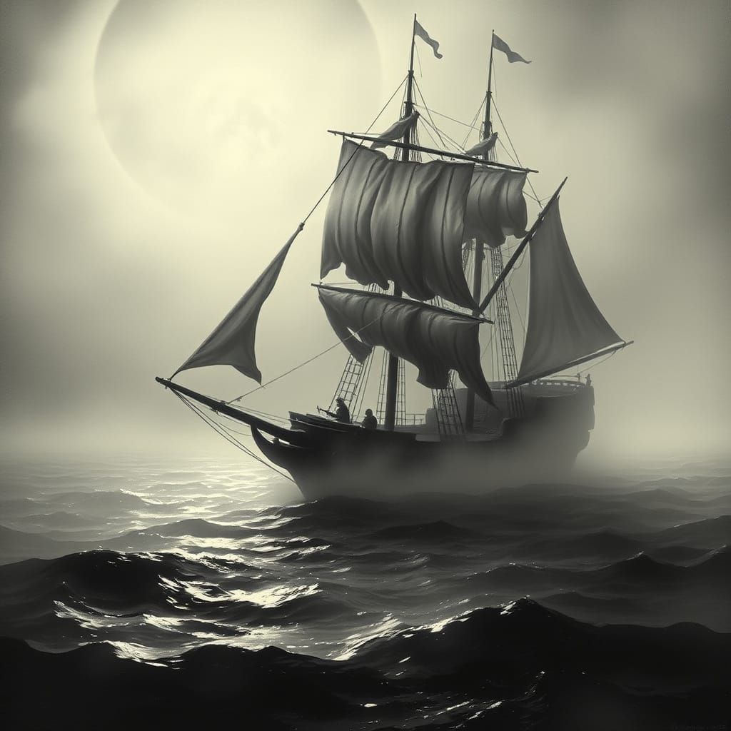 Spectral Galleon Sails Silently on Misty Sea