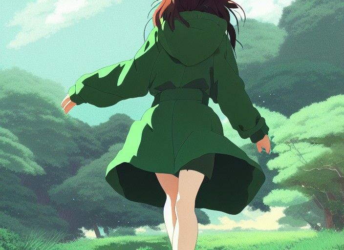 Anime Girl in Green Raincoat: Studio Ghibli Style