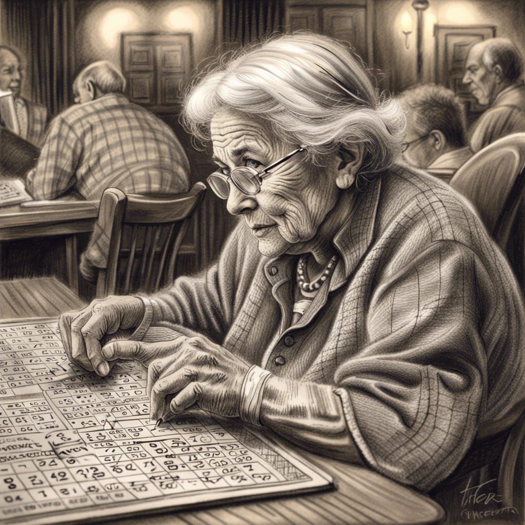Detailed Charcoal Sketch of Old Woman Playing Bingo