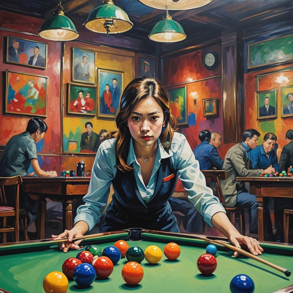 Woman Plays Snooker in Colorful Tetradic Painting