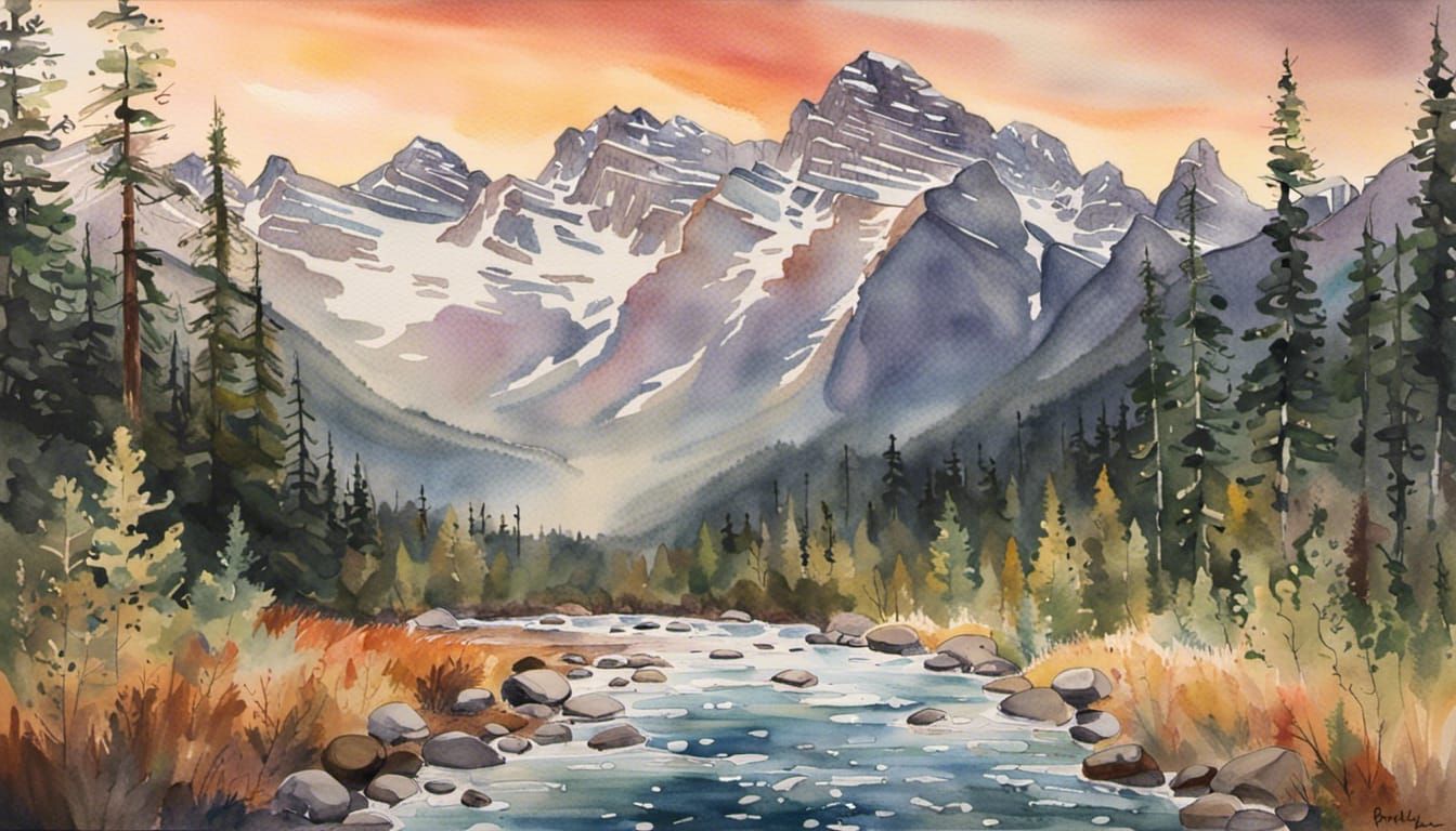 Canadian Rockies Sunrise: Watercolor Impressionism
