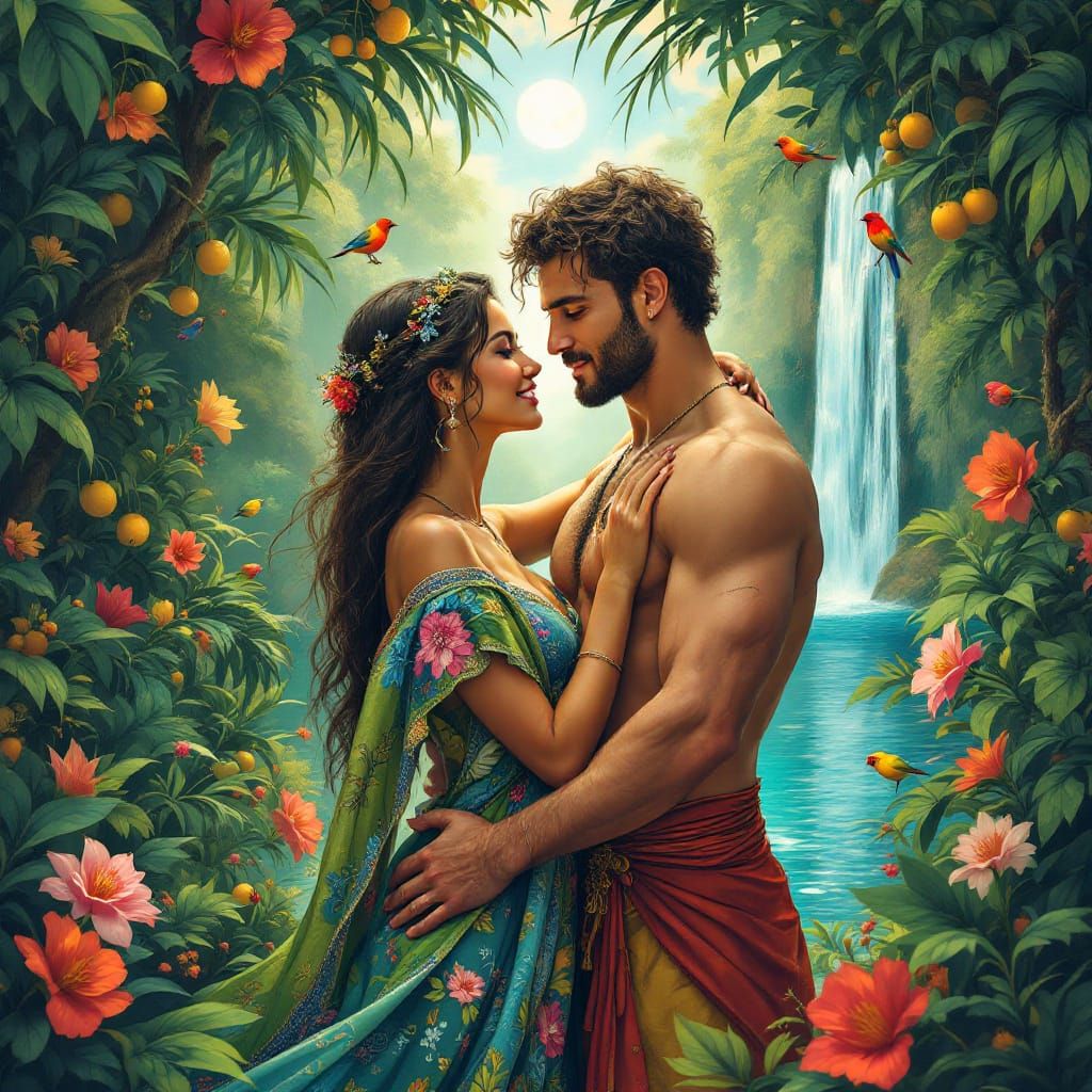 Tropical Paradise: Lovers Embrace in Naive Art Style