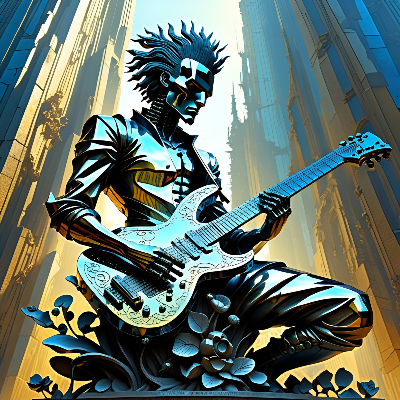 Metallic Punk Guitarist Statue in Surreal Style