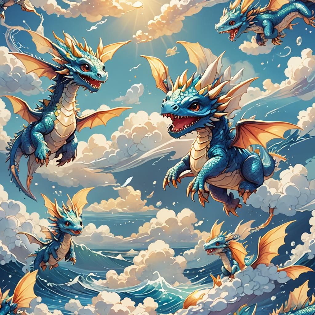 Cute tiny baby dragons flying across the ocean