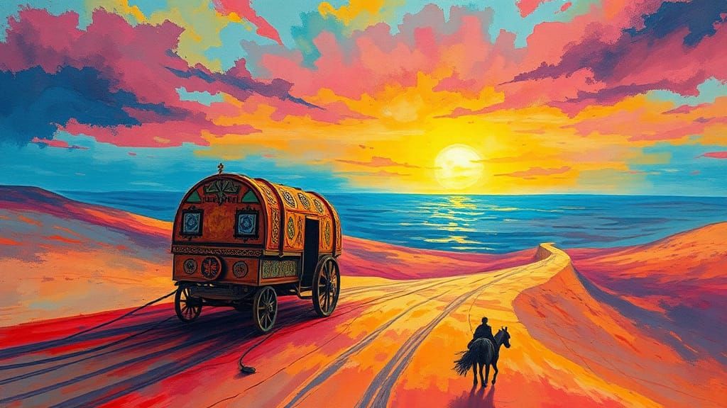 Vibrant Celtic Caravan in Surreal Desert Landscape