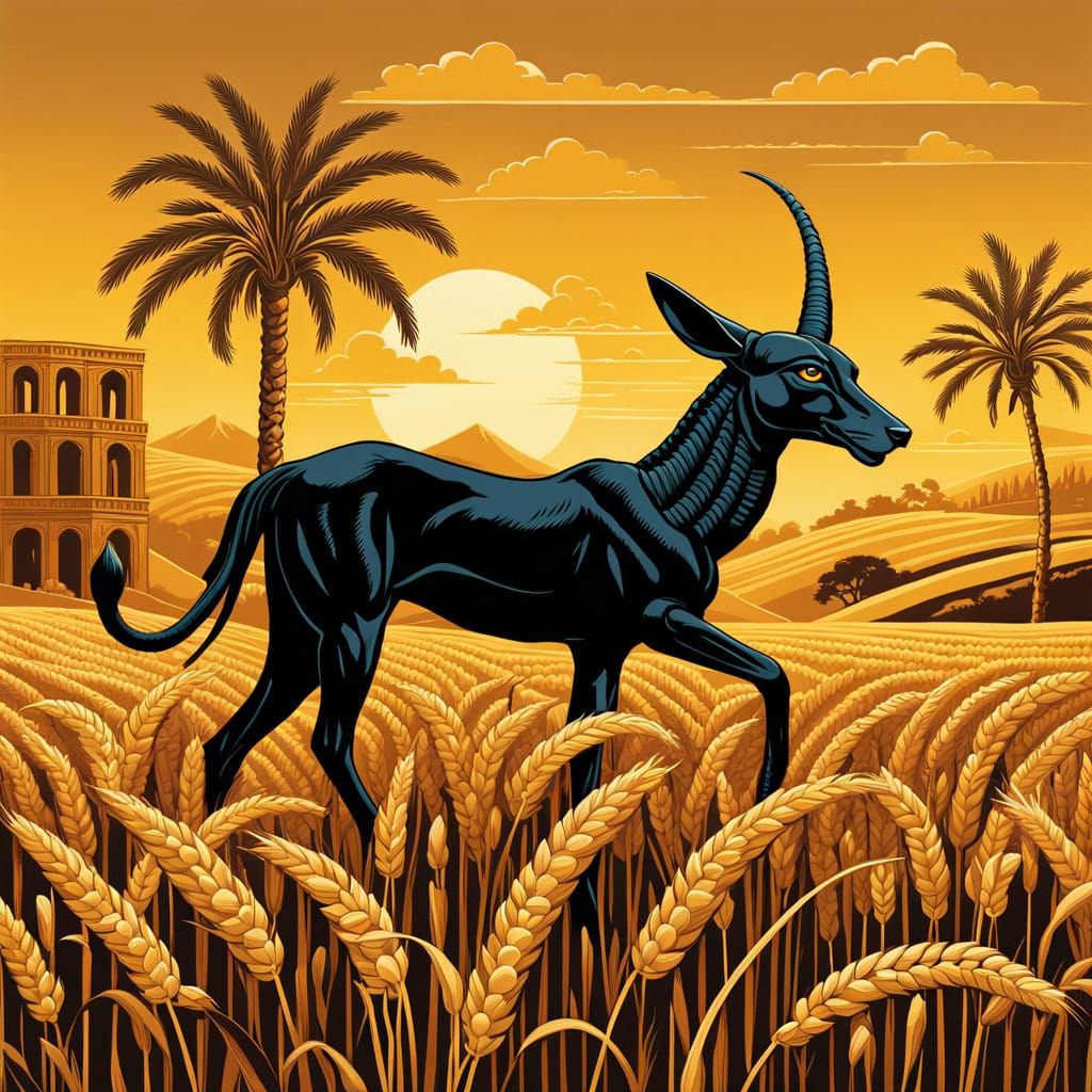 Rolling Hills of Golden Wheat and Ancient Egyptian Statuary....