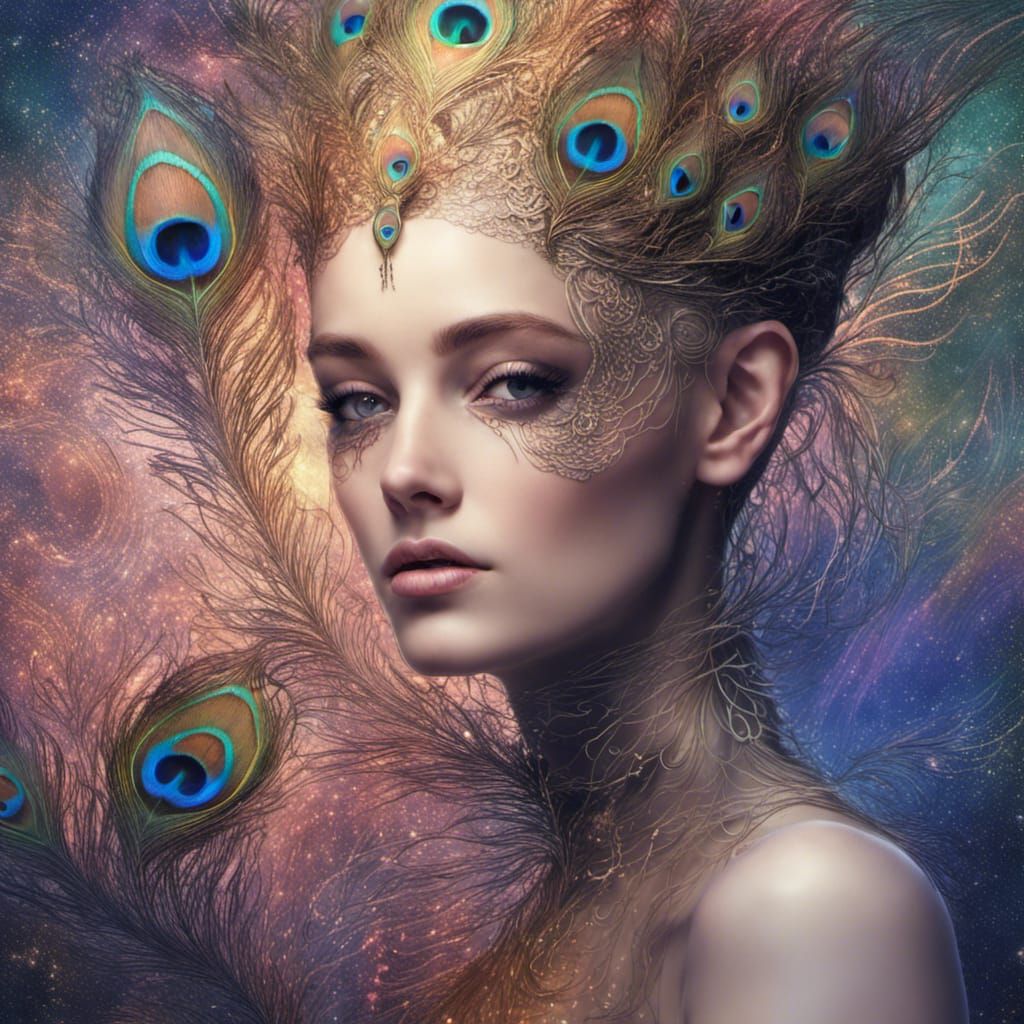 Androgynous Figure with Holographic Peacock Feather