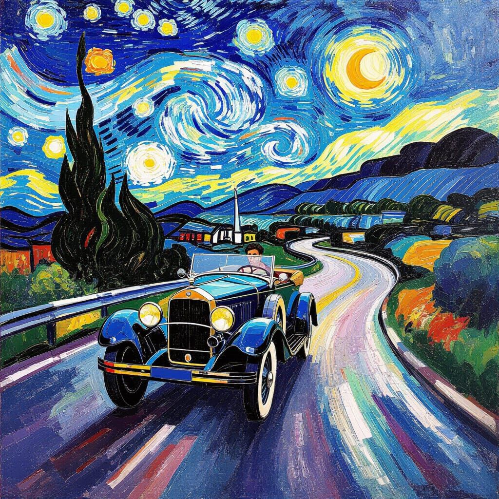 Vintage Car Speeds on Winding Road in Neo-Impressionist Styl...