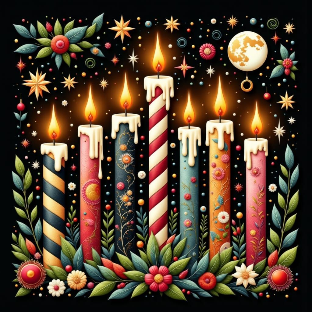 Burning Christmas Candles with Whimsical Doodles and Stars