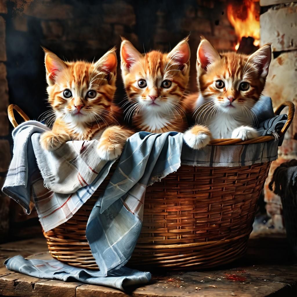 Red Tabby Kittens in Basket, Detailed Matte Painting