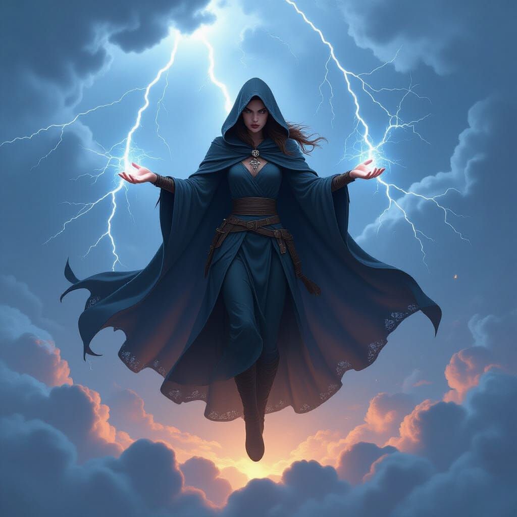 Storm Witch Hovering Above Clouds With Lightning