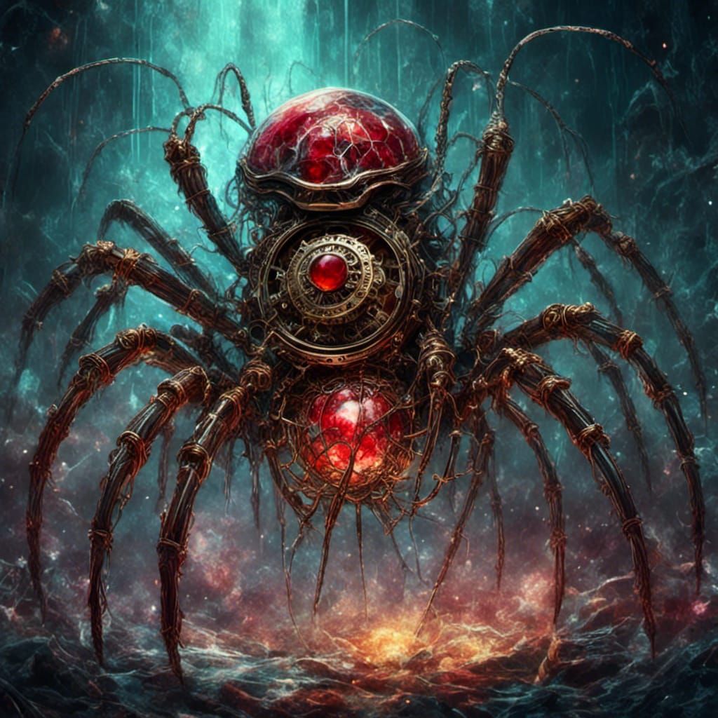 Steampunk Spider and Fish-Man Battle Scene