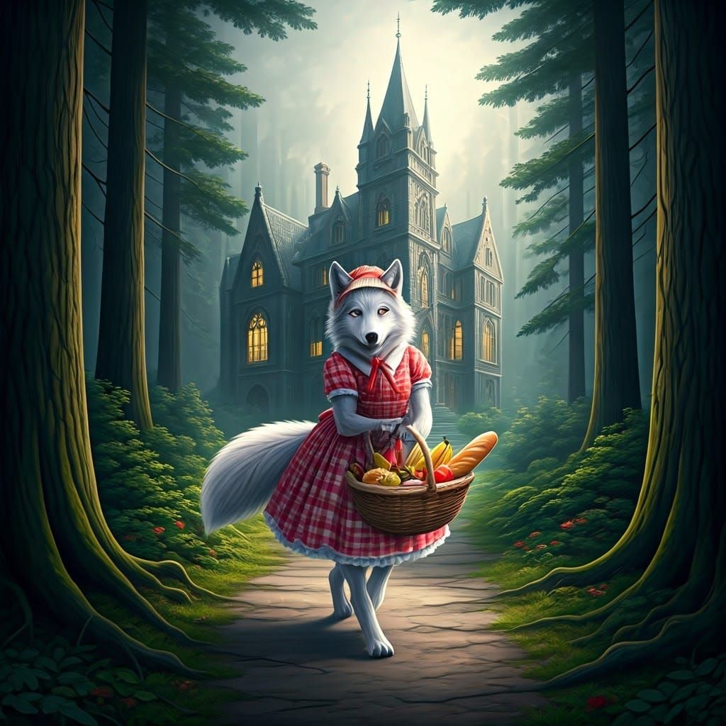 Serene Silver-Haired Wolf Embarks on Whimsical Forest Advent...
