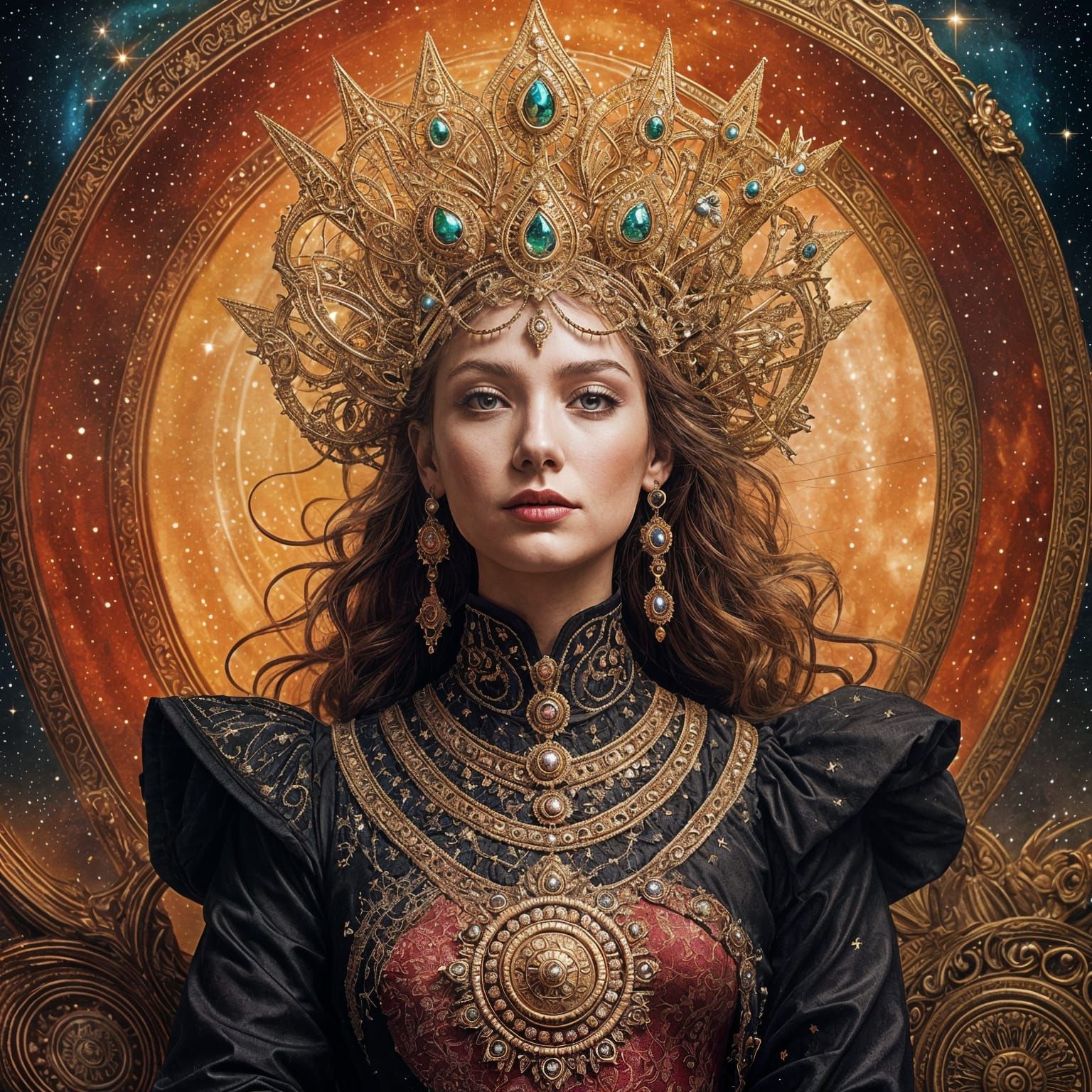 Surreal Queen in Gown of Stars on Golden Throne