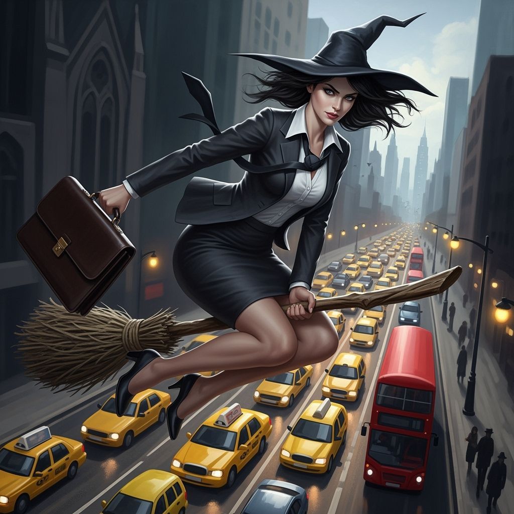 Modern Witch in Business Suit Flying Over Rush Hour Traffic