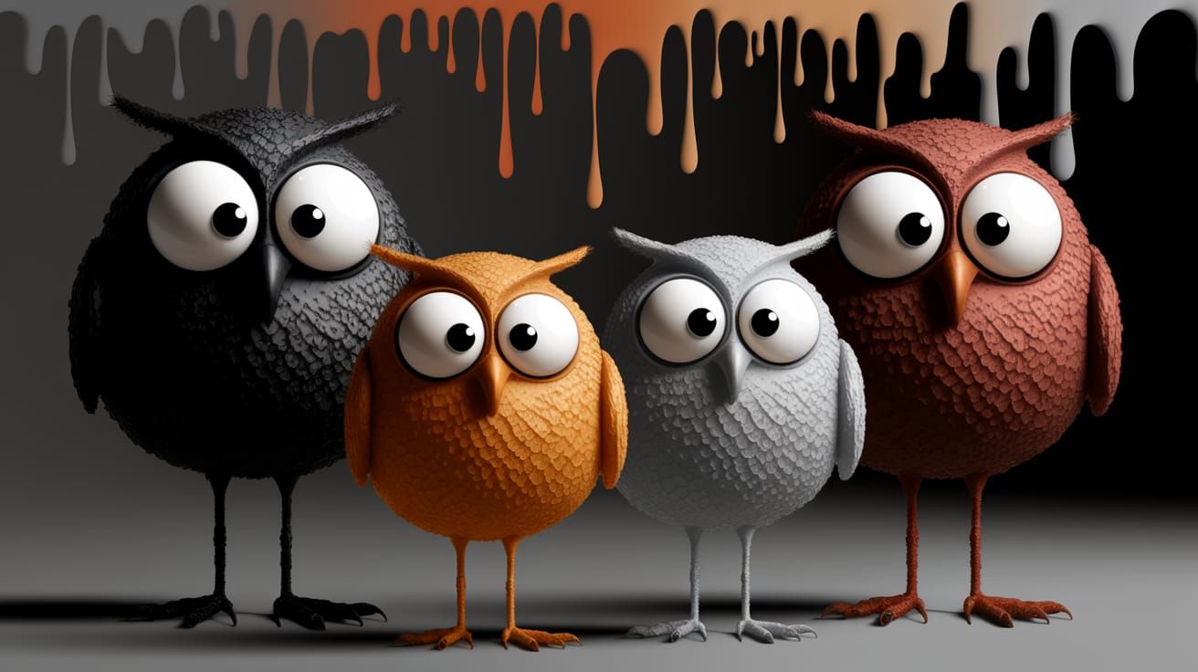 Quirky Owl Family in Whimsical Painted Style