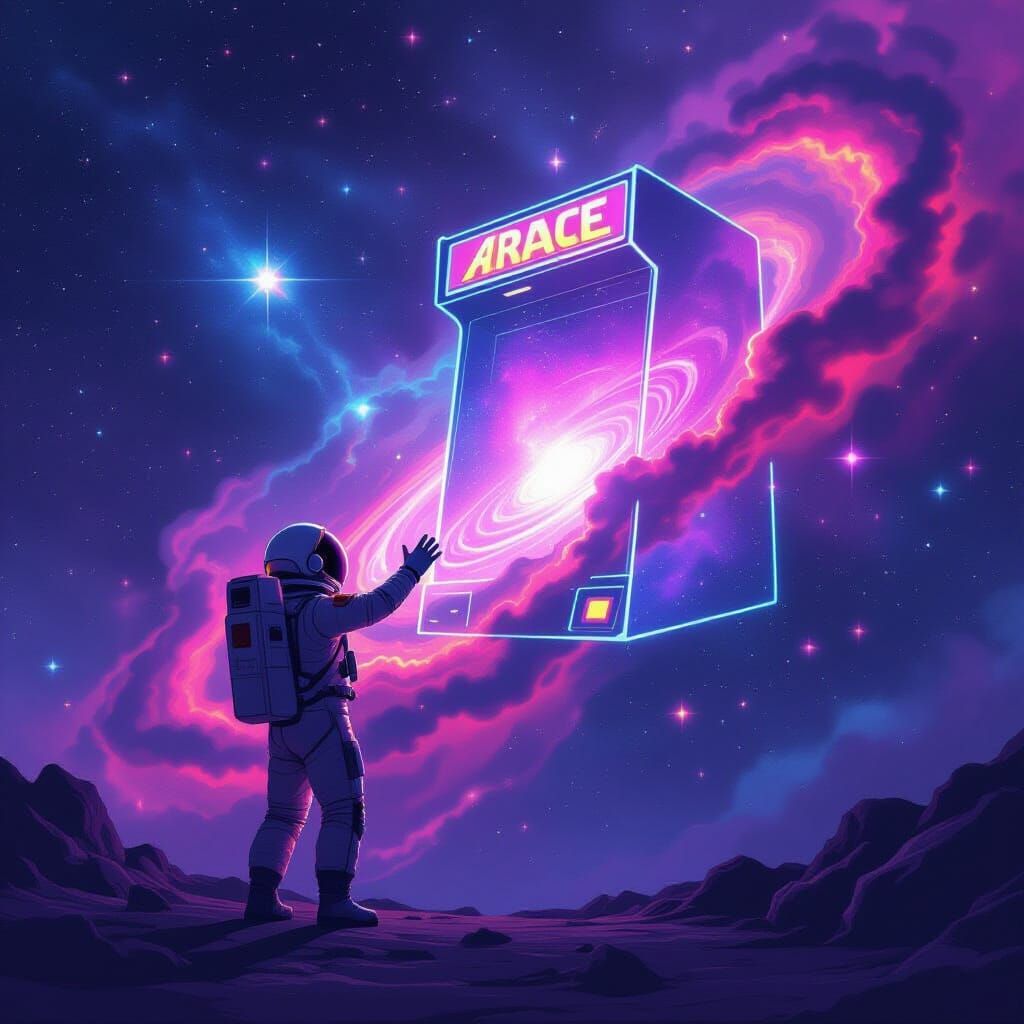 Astronaut Reaches for Arcade Nebula in Cosmic Art Style