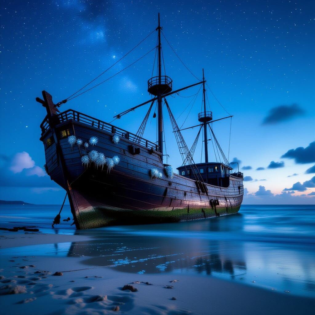Shipwreck's Bioluminescent Glow on Starry Beach