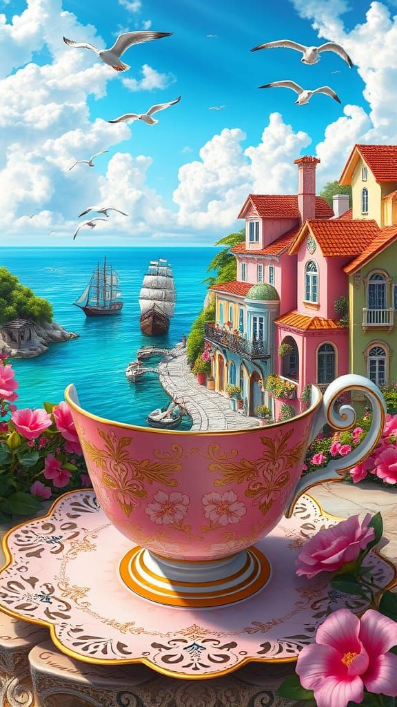 Whimsical Coastal Village in Delicate Teacup