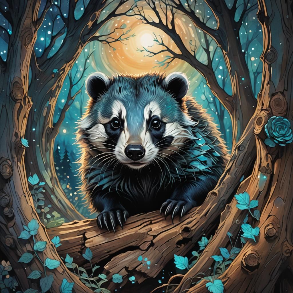 Art Nouveau Badger in Tree Stump Illustration