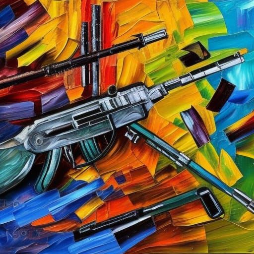 AK-47 rifle neo-impressionism expressionist style oil painting, smooth post-impressionist impasto acrylic painting, thic...